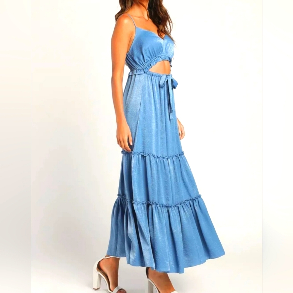 Lulu's Tiers to Sun Dusty Blue Satin Cutout Maxi Dress With Pockets Sz XS